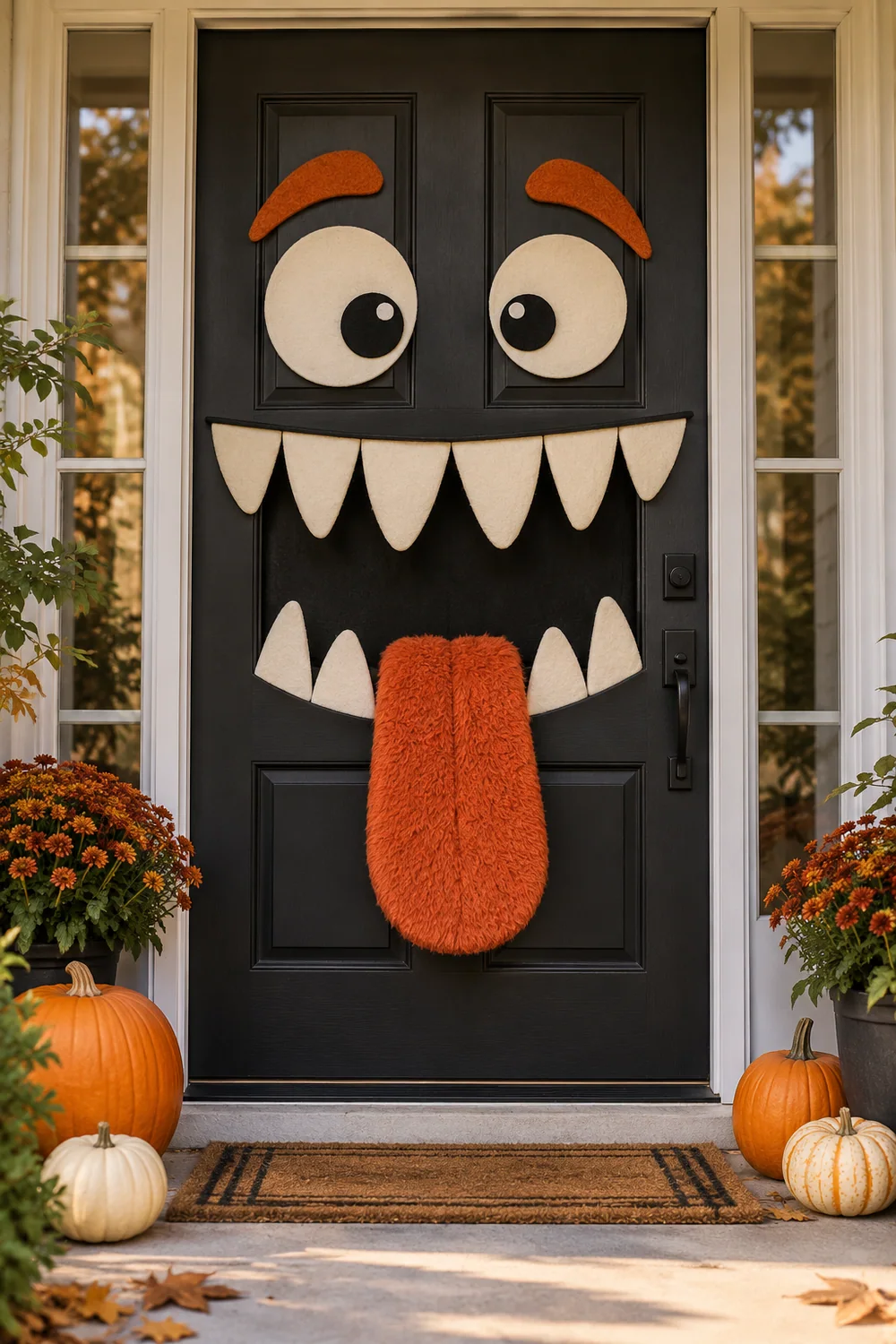 Monster Face Halloween Door Front door decorated as a friendly monster with felt teeth and a fuzzy tongue