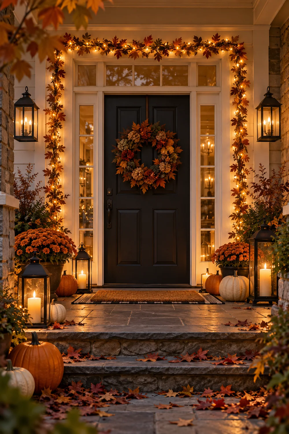 Halloween Door Fairy Lights Warm white fairy lights glowing around a Halloween front door at dusk