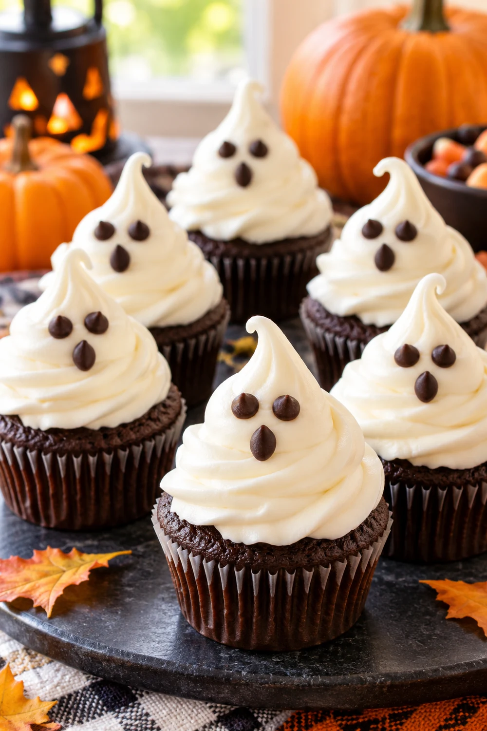 17. Top Chocolate Cupcakes With Swirled Frosting Ghosts Chocolate cupcakes topped with tall white frosting ghosts and chocolate chip faces