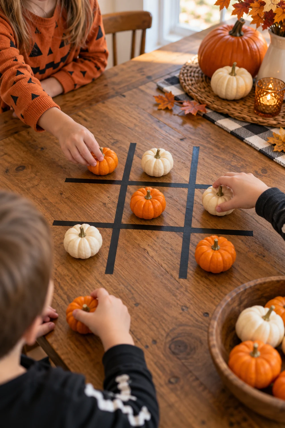 Mini pumpkins arranged for a Halloween memory matching game