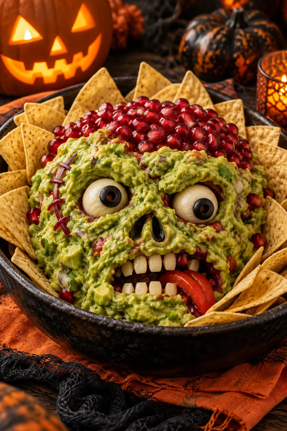 Zombie Guacamole Zombie face guacamole with pomegranate seed brains and tortilla chips