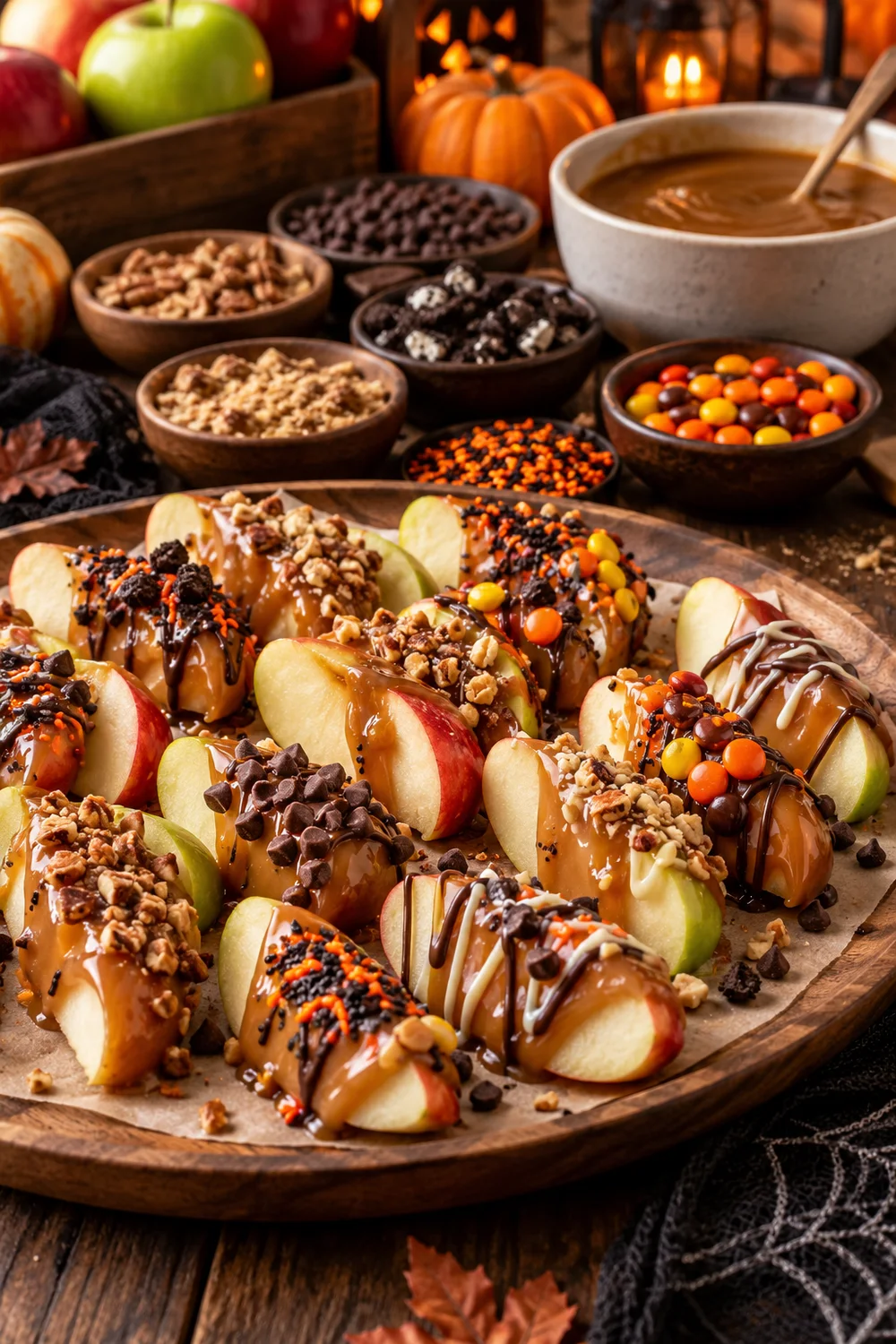 Caramel Apple Slice Topping Bar Caramel apple slices with chocolate nuts sprinkles and candy toppings