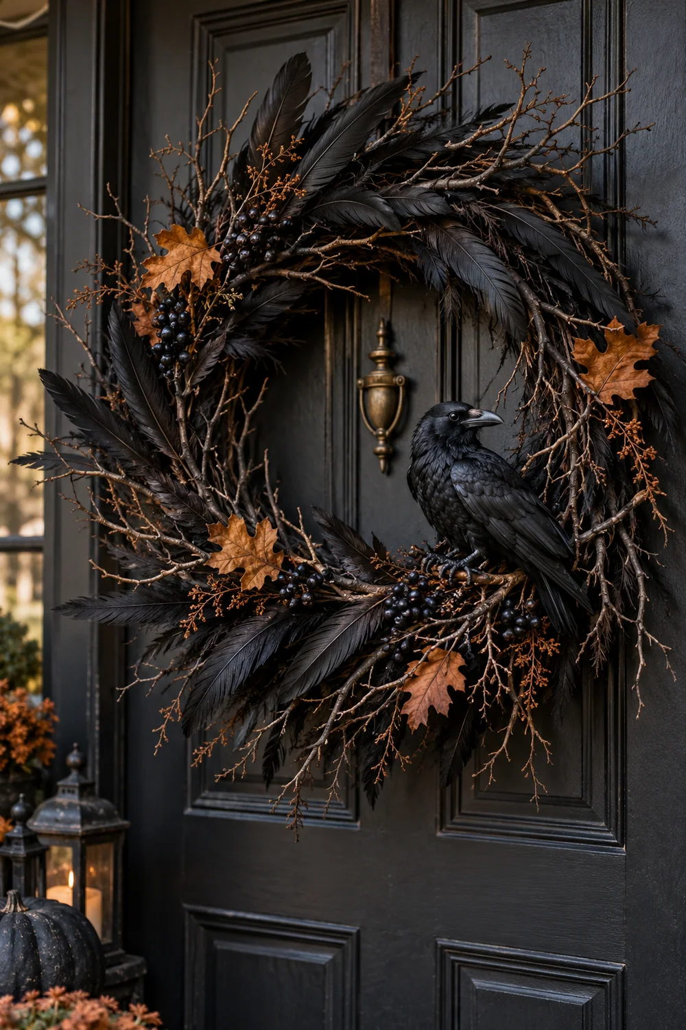 Raven Feather Halloween Wreath Black feather and twig raven wreath on a dark front door