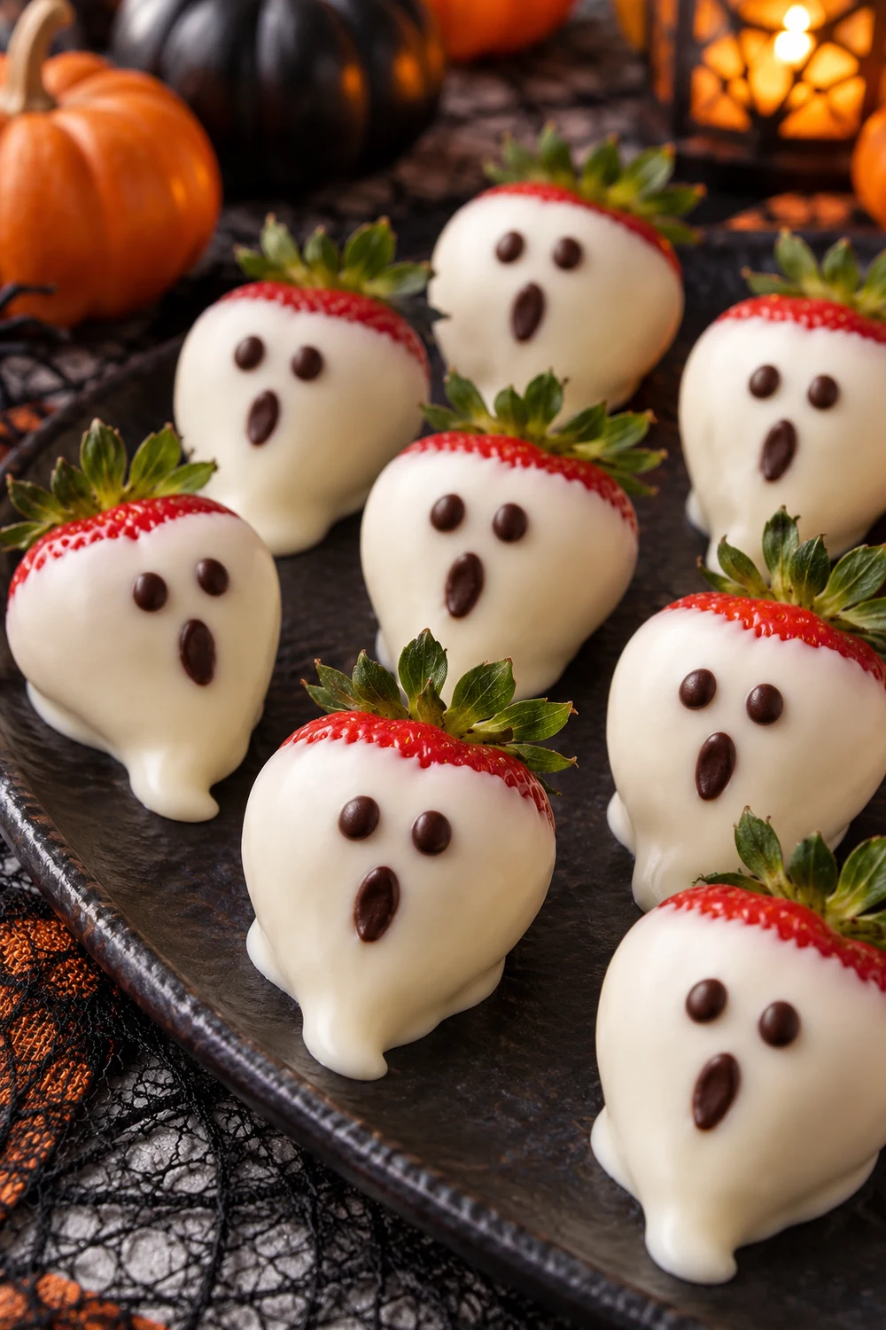 19. Dip Strawberries in White Chocolate for Little Ghosts Fresh strawberries dipped in white chocolate and decorated as ghosts