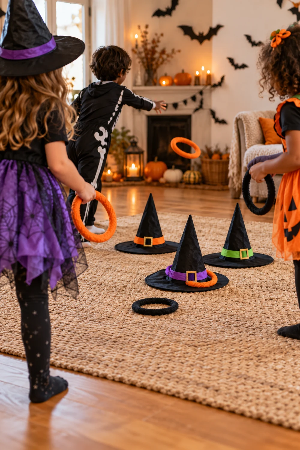 Kids tossing soft rings onto witch hats during a Halloween party