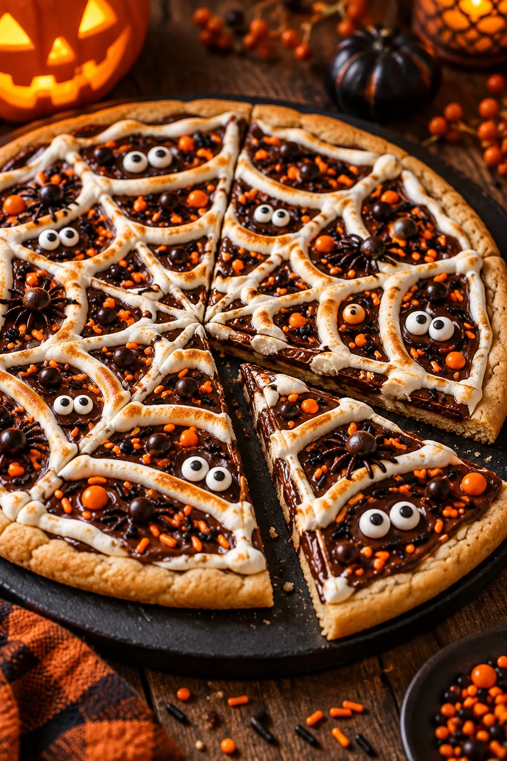 Spooky Dessert Pizza Halloween dessert pizza with marshmallow spiderweb candy eyes and orange sprinkles