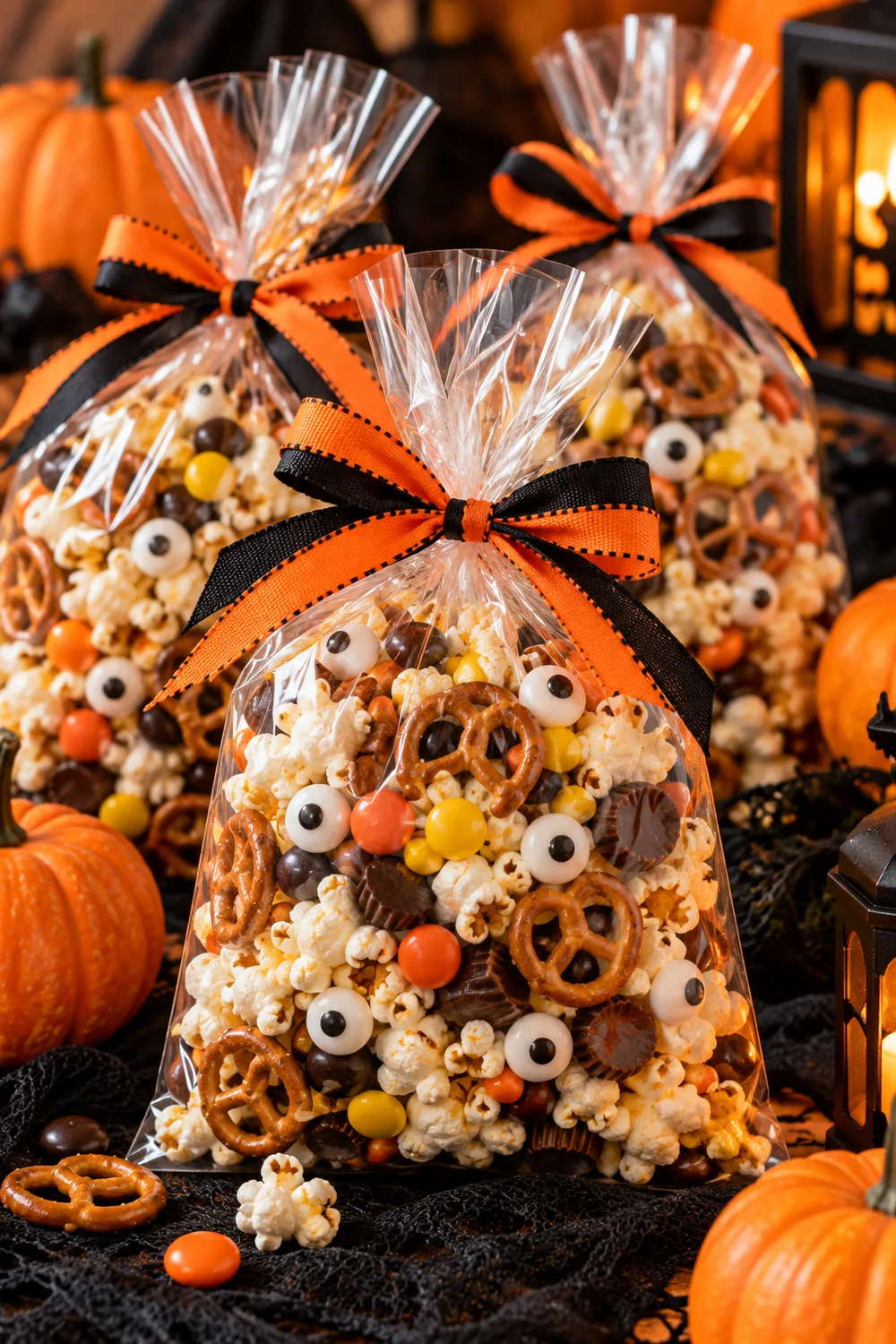 Monster Munch Popcorn Bags Monster munch popcorn treat bags with pretzels candy eyes and Halloween ribbons