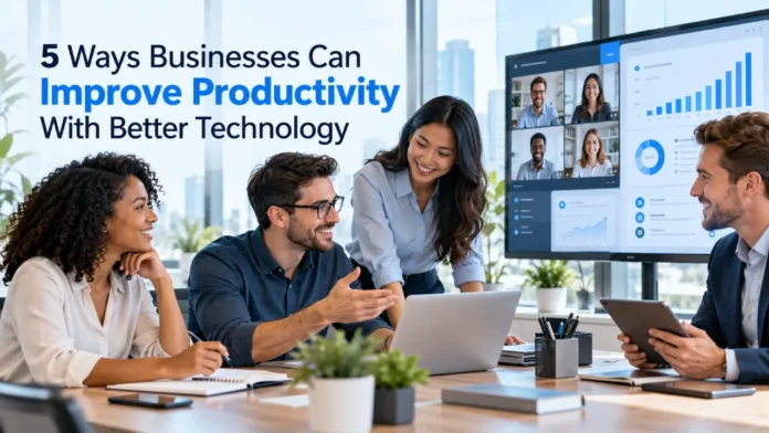 Better Technology, Greater Productivity Business professionals collaborating in a modern office using laptops, digital dashboards, and communication tools to improve workplace productivity.