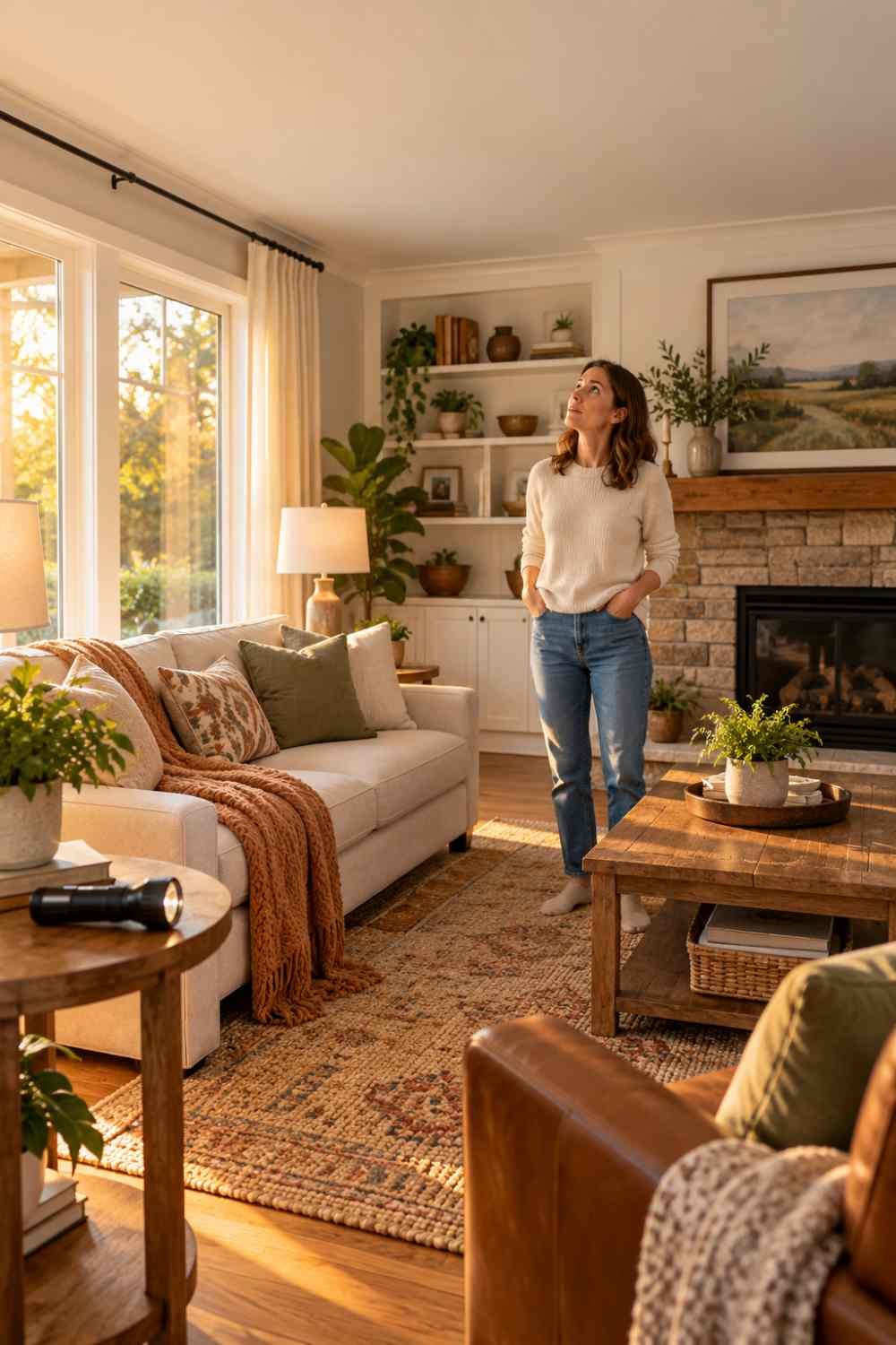 How to Fix Ceiling Cracks (and Know When a Patch Is Not Enough) 3 Homeowner looking up at a white ceiling in a bright living room while checking for possible ceiling damage and warning signs.