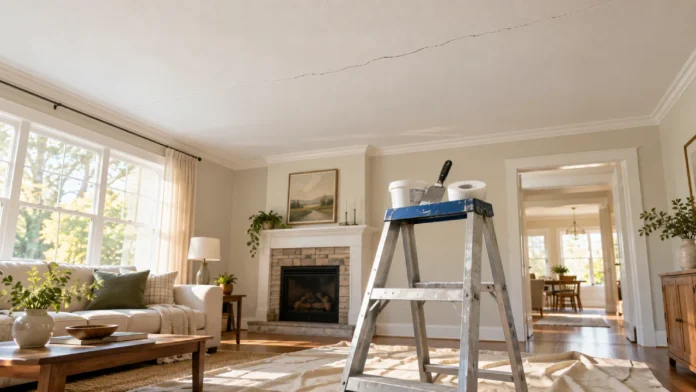 Cozy Living Room Ceiling Repair Bright living room with a thin hairline ceiling crack, aluminum step ladder, joint compound, putty knife, and mesh tape ready for ceiling repair.