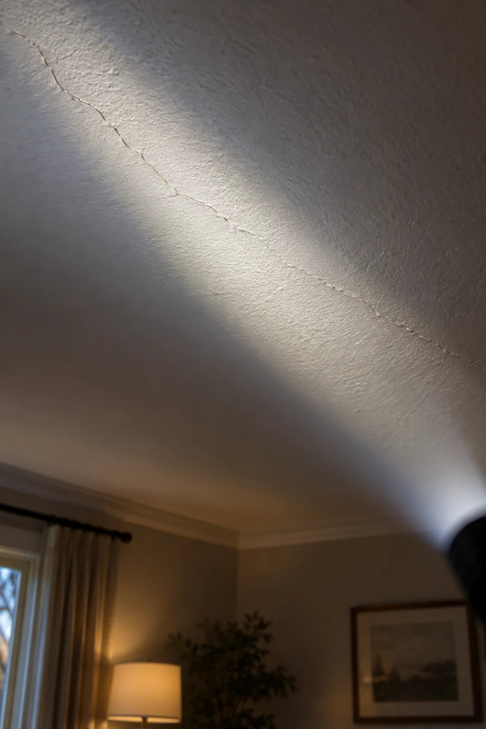 How to Fix Ceiling Cracks (and Know When a Patch Is Not Enough) 2 Close-up of a thin hairline crack in a white ceiling illuminated by side lighting during a home ceiling inspection.
