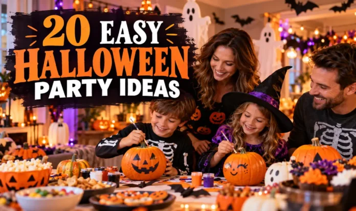 Family enjoying a Halloween party with pumpkin decorating, spooky decorations, costumes, and festive treats