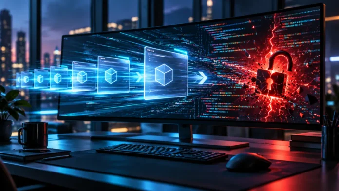 AI-generated code moving through a rapid software deployment pipeline, highlighting cybersecurity vulnerabilities and security risks.