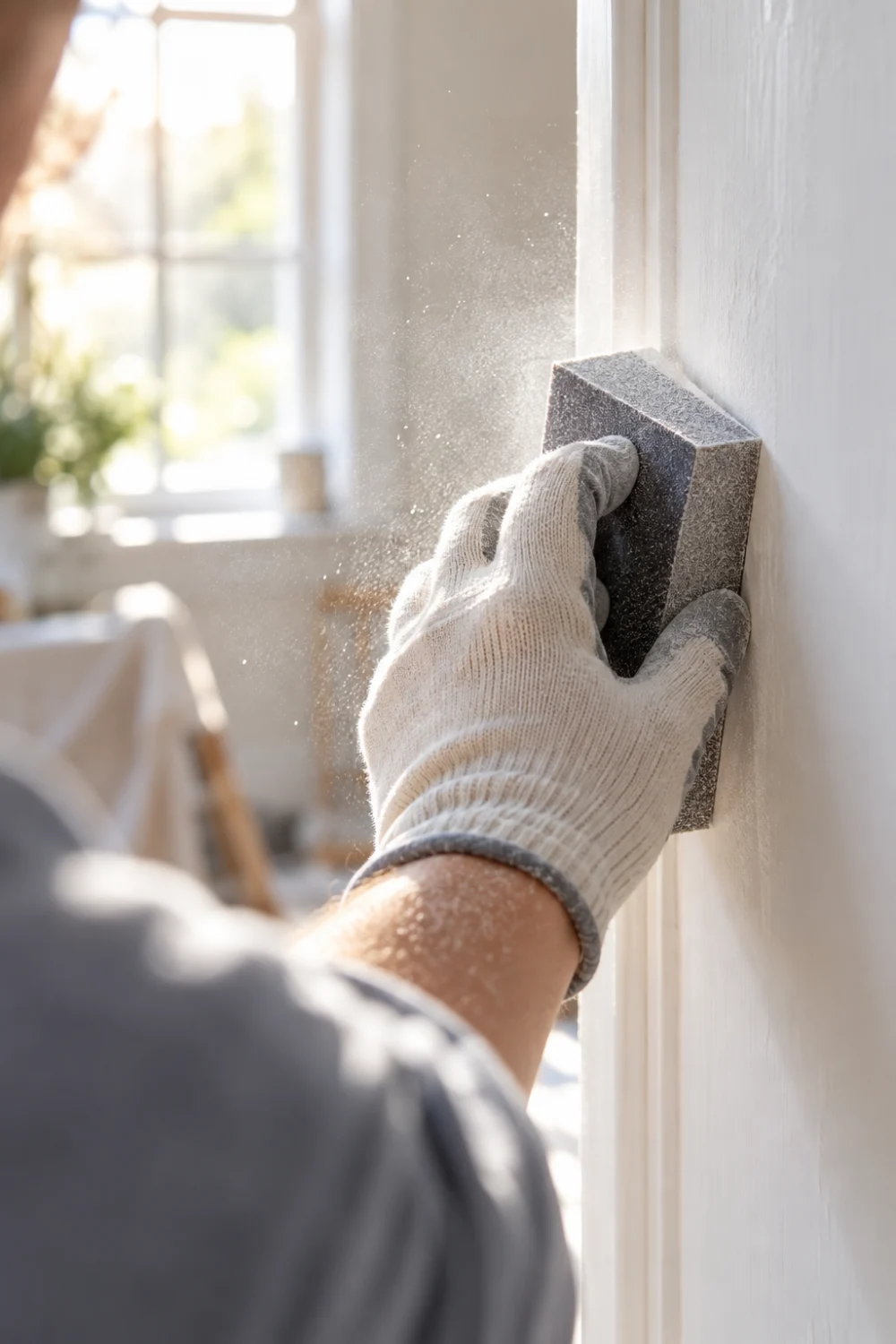 How to Fix Ceiling Cracks (and Know When a Patch Is Not Enough) 1 Bright living room with a smooth freshly painted white ceiling, closed paint can, roller, and paint tray after ceiling repair.