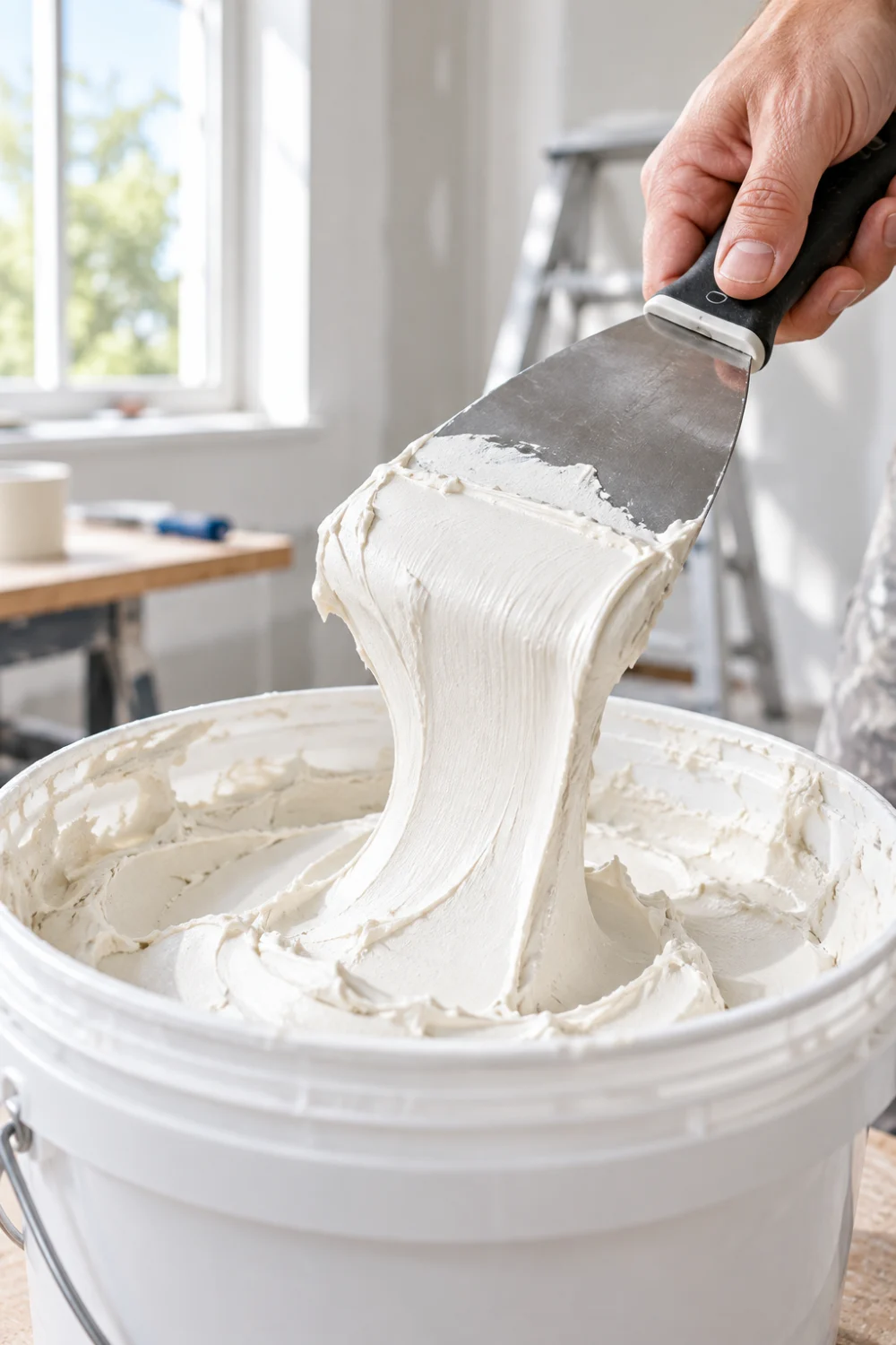 How to Fix Ceiling Cracks (and Know When a Patch Is Not Enough) 5 Close-up of a putty knife lifting white joint compound from an open plastic tub during the first coat of a ceiling crack repair.