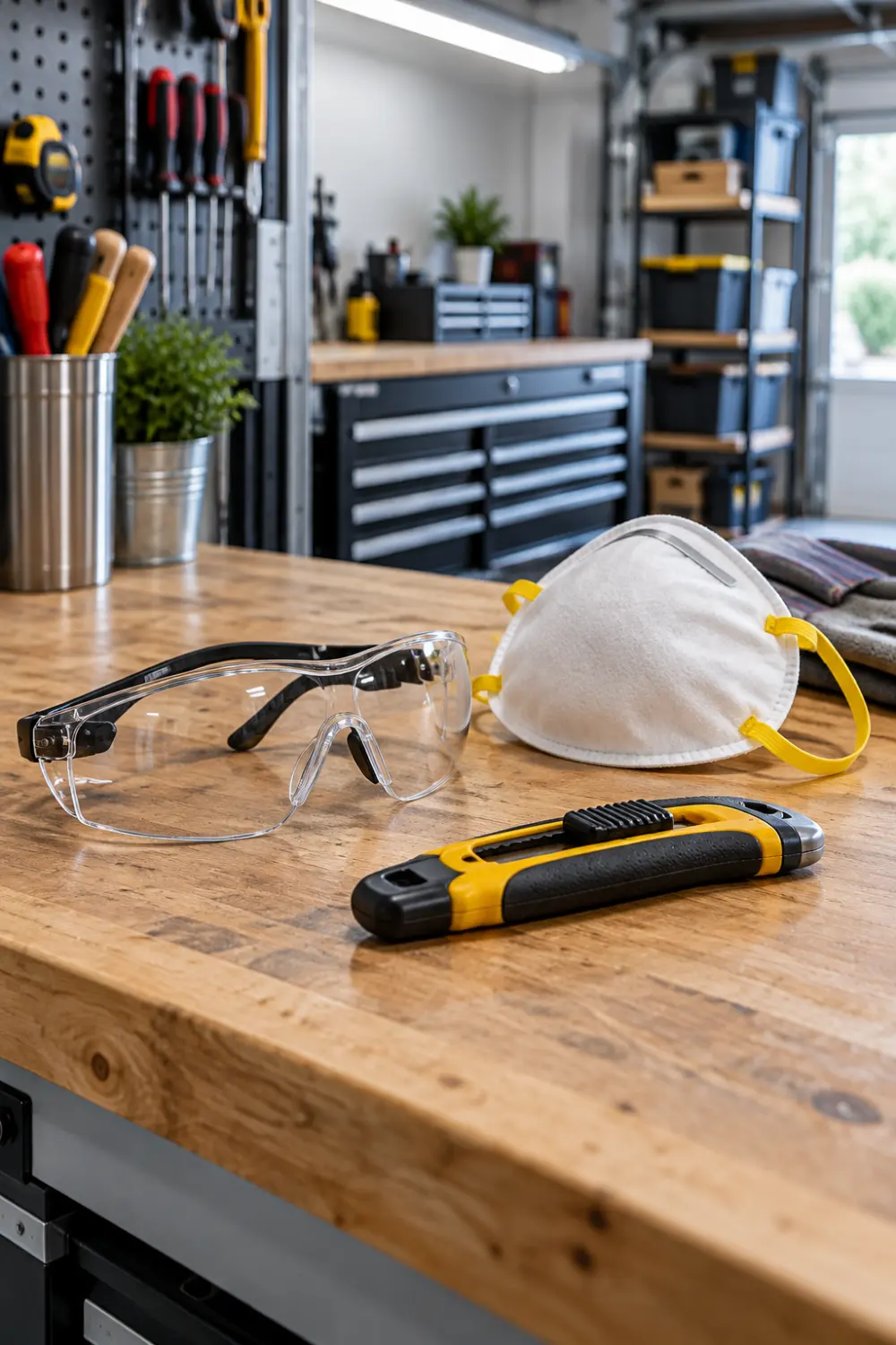 How to Fix Ceiling Cracks (and Know When a Patch Is Not Enough) 4 Utility knife with retracted blade, safety glasses, and dust mask arranged on a wooden workbench for safe ceiling crack repair preparation.