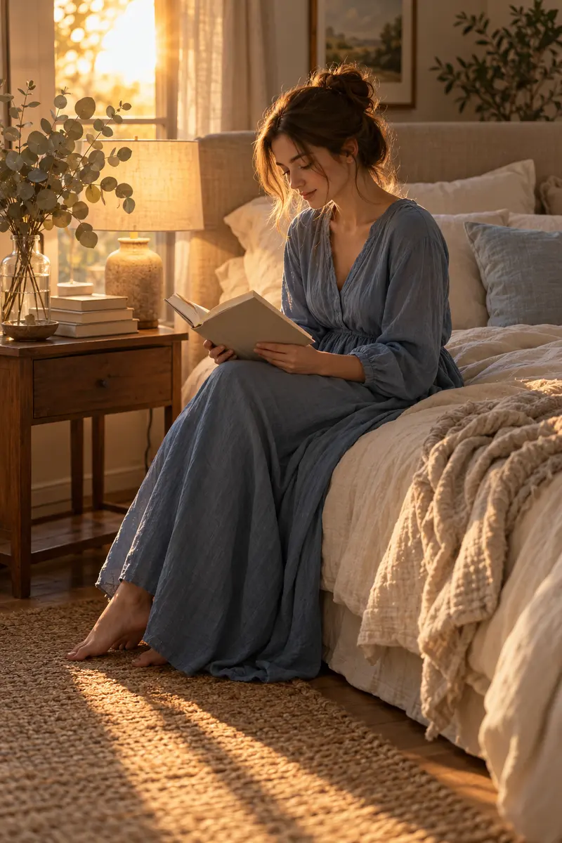 Bedside table with a glass vase of eucalyptus stems beside a stack of books and a warm lamp in a styled bedroom