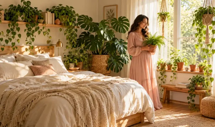 Bright bedroom styled with a monstera, hanging planters, and a trailing pothos, with a woman in a long blush dress holding a potted fern