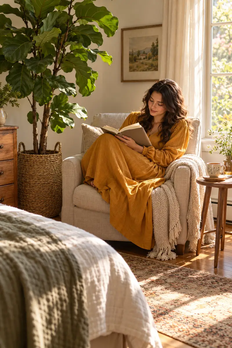 Woman in a modest long dress reading in an armchair beside a tall fiddle leaf fig in a bright bedroom corner