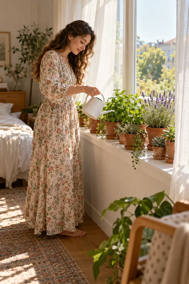 Woman in a long floral dress watering small herb pots on a sunny bedroom windowsill