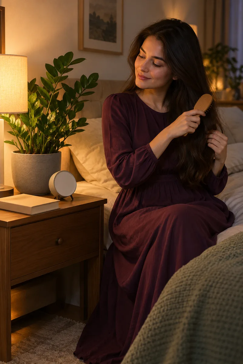 ZZ plant in a matte ceramic pot on a bedside table in a softly lit bedroom corner