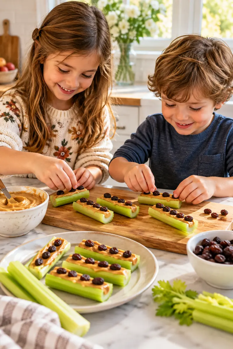 Kids assembling ants on a log with celery, peanut butter and raisins on a kitchen counter