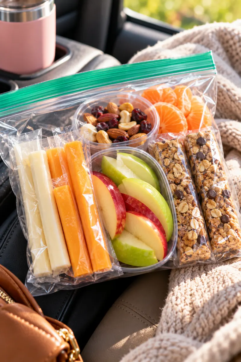 A packed snack bag with cheese sticks, apple slices and granola bars ready for the car