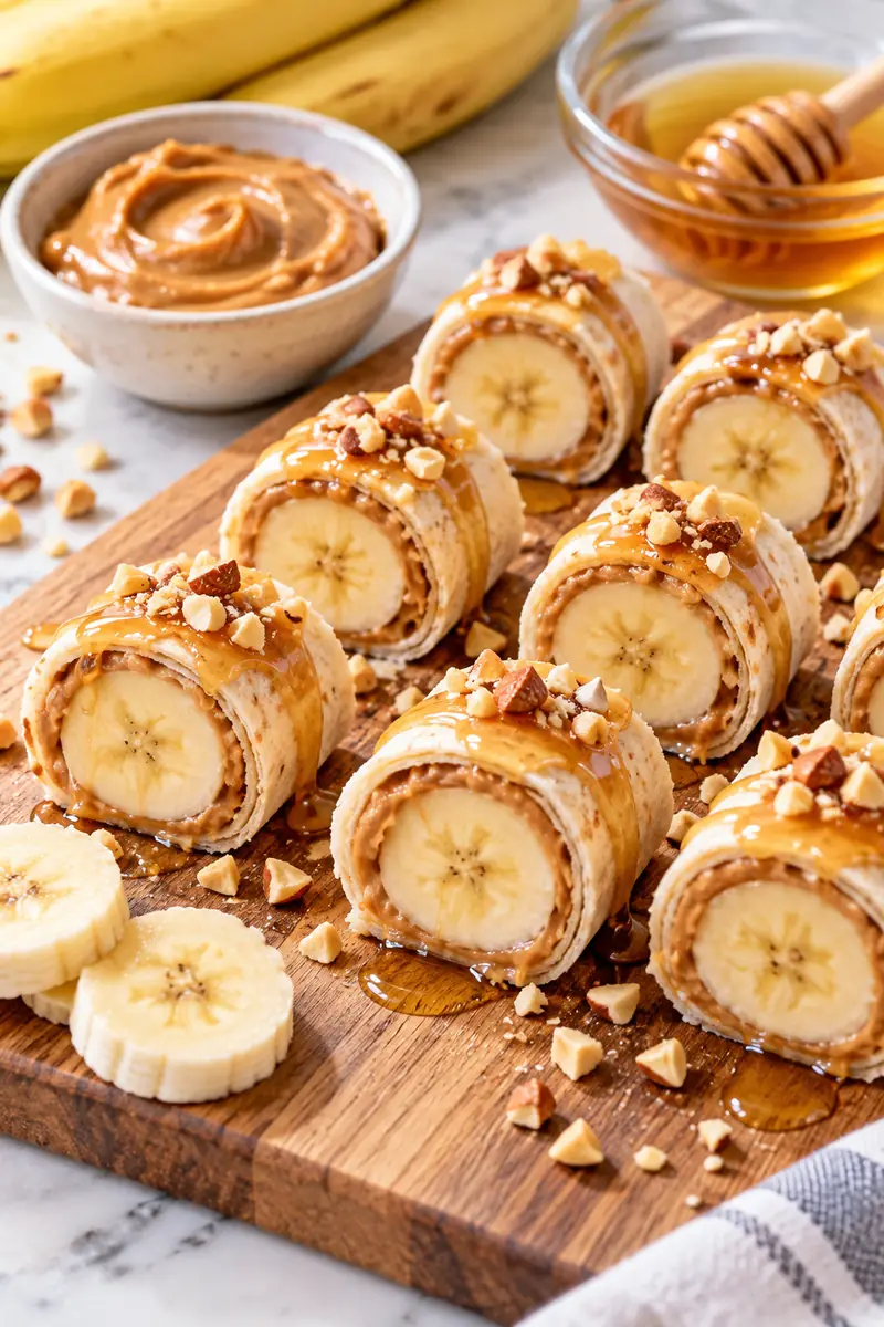Banana sushi rolls sliced into bite-size pieces with peanut butter and honey drizzle