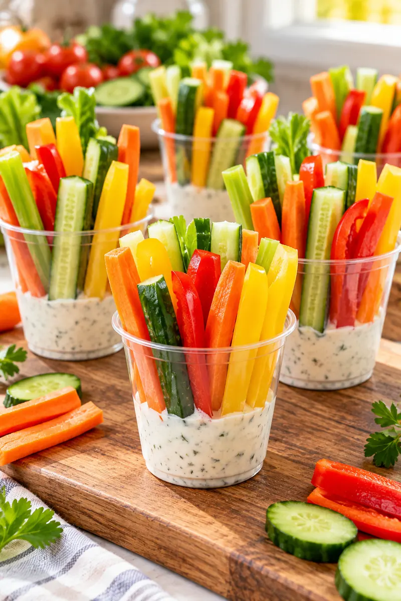 Clear cups filled with colorful rainbow veggie sticks and ranch dip at the bottom