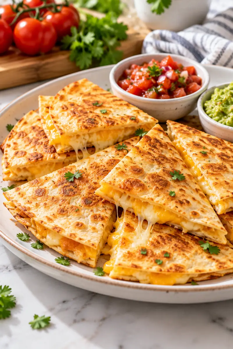 Golden crispy cheese quesadilla cut into triangles on a plate