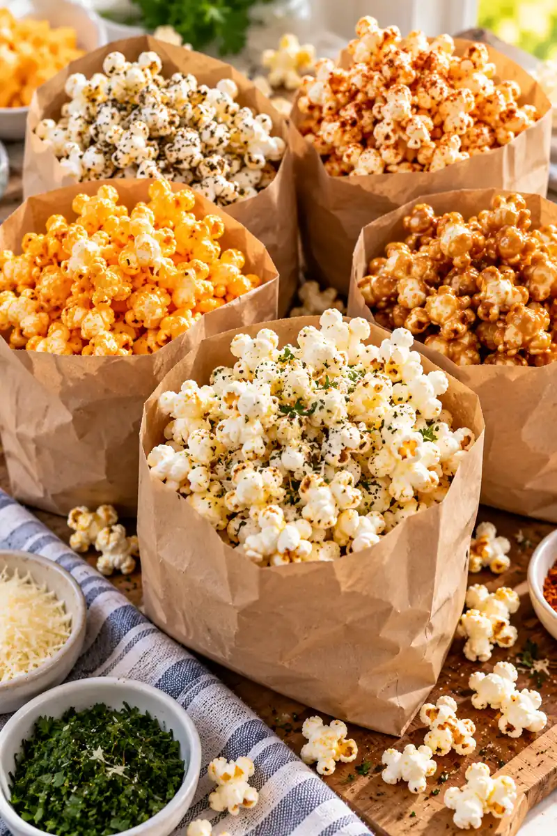 Paper bags filled with seasoned popcorn in different flavors on a table