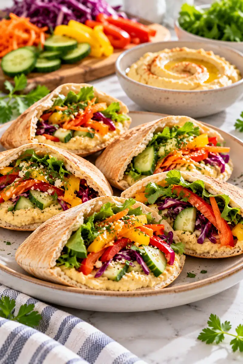 Small pita pockets stuffed with hummus and colorful shredded vegetables