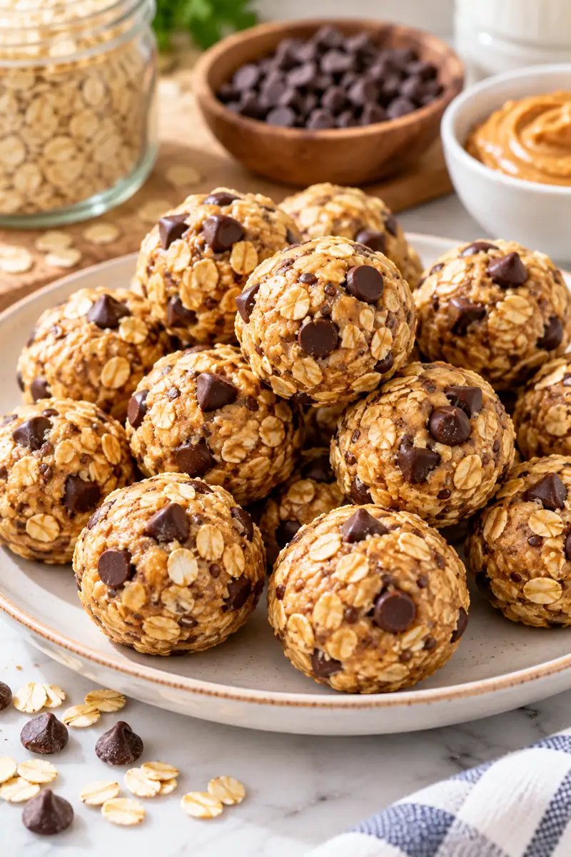 Round no-bake oatmeal energy bites with chocolate chips on a plate