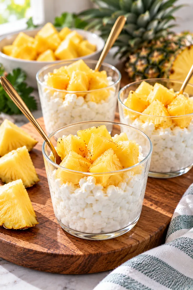 Small cups of cottage cheese topped with pineapple chunks and long spoons