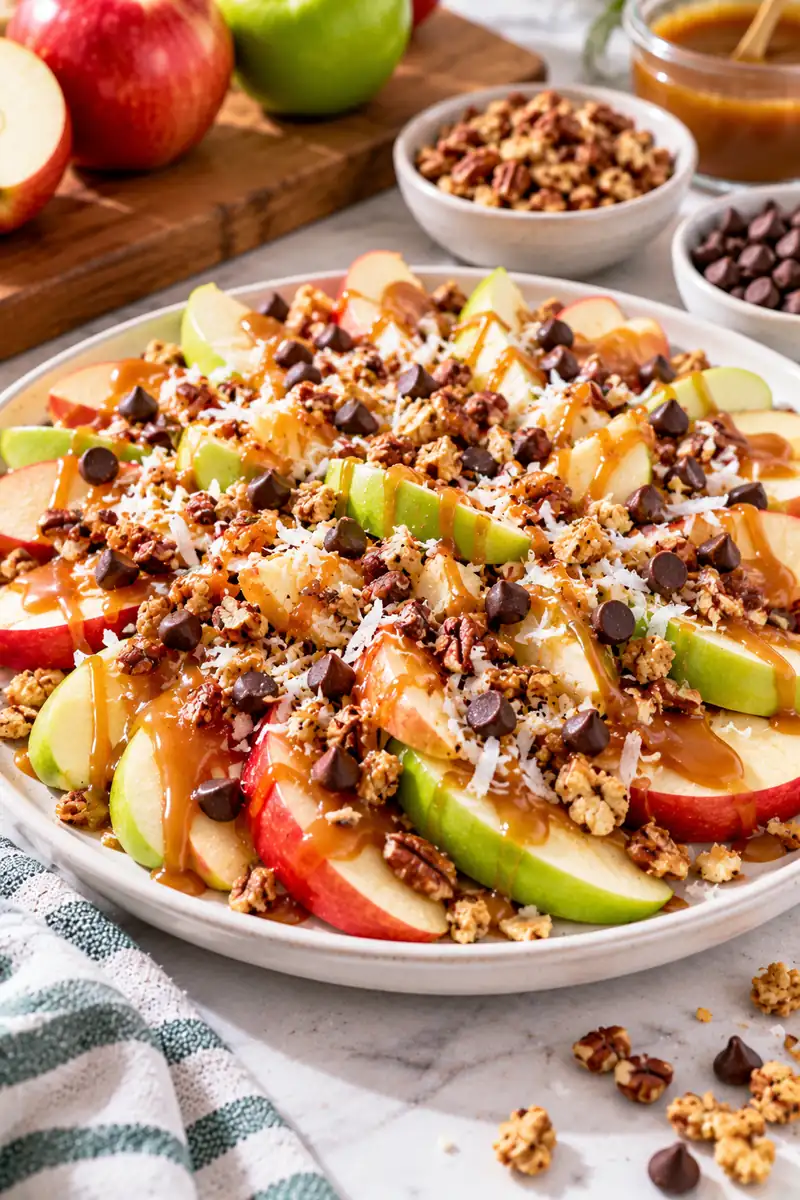 Apple slices arranged like nachos with caramel drizzle and toppings