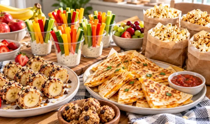 A cheerful spread of after-school kids snacks (banana sushi, veggie cups, quesadilla triangles, popcorn bags) on a kitchen table in bright natural light