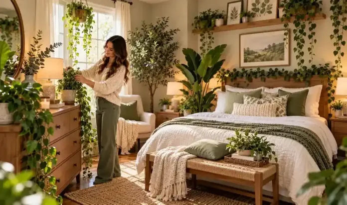 Woman in a lush bedroom filled with realistic-looking artificial greenery