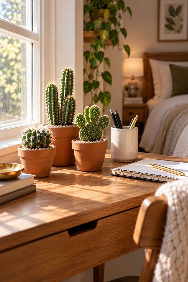 20 Bedroom Plant Décor Ideas That Instantly Refresh Your Room 7 Three tiny cacti in terracotta pots on a bedroom desk beside a notebook, in bright daylight from a window.