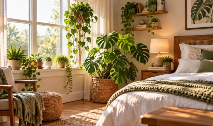 Bedroom Plant Décor Ideas That Instantly Refresh Your Room A bright bedroom filled with plants, including a monstera in a woven basket, hanging pothos, and succulents on the windowsill, with white bedding and morning sunlight.