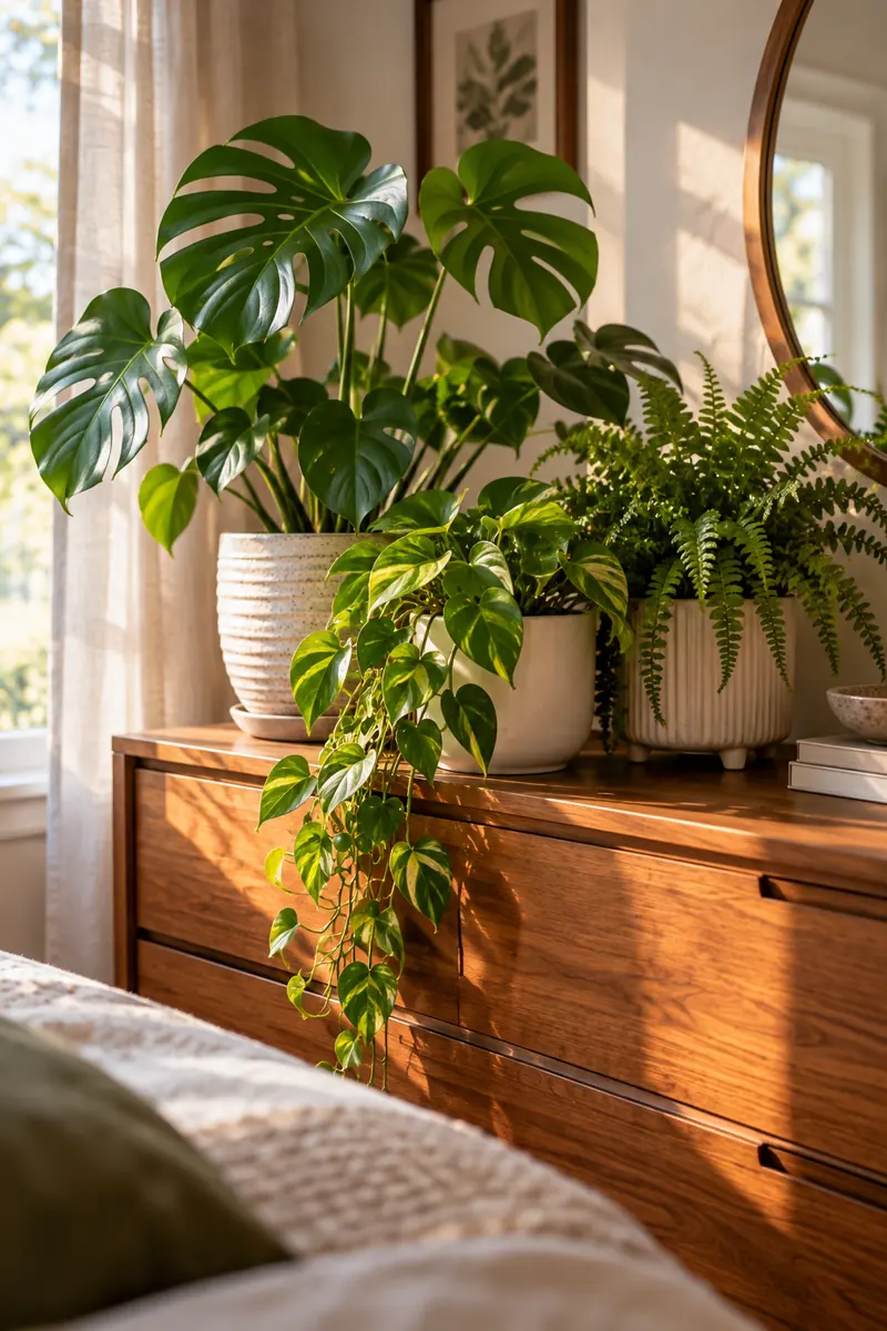 20 Bedroom Plant Décor Ideas That Instantly Refresh Your Room 4 Three potted plants of different heights, a monstera, pothos, and fern in ceramic pots, clustered together on a bedroom dresser.