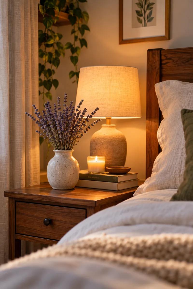 20 Bedroom Plant Décor Ideas That Instantly Refresh Your Room 6 A small vase of dried lavender on a wooden nightstand next to a bed, with a warm bedside lamp glowing.