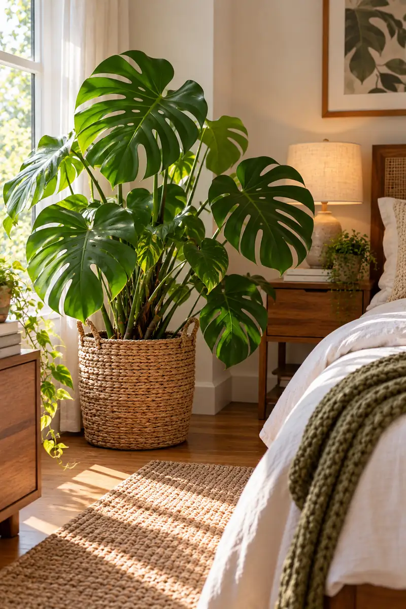 20 Bedroom Plant Décor Ideas That Instantly Refresh Your Room 8 A large monstera deliciosa with dramatic split leaves in a woven basket in a bright bedroom corner, in soft daylight.