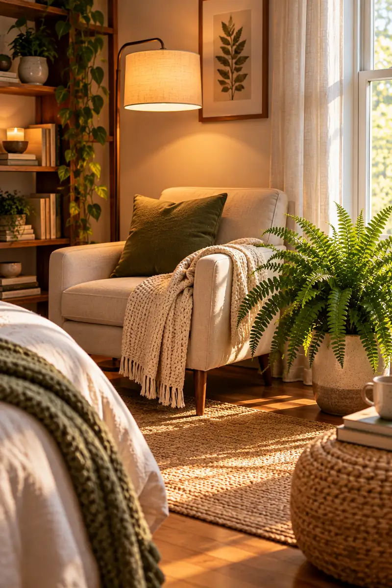 20 Bedroom Plant Décor Ideas That Instantly Refresh Your Room 9 A cozy bedroom reading nook with an armchair, a floor lamp, and a lush fern in a ceramic pot, in warm inviting light.