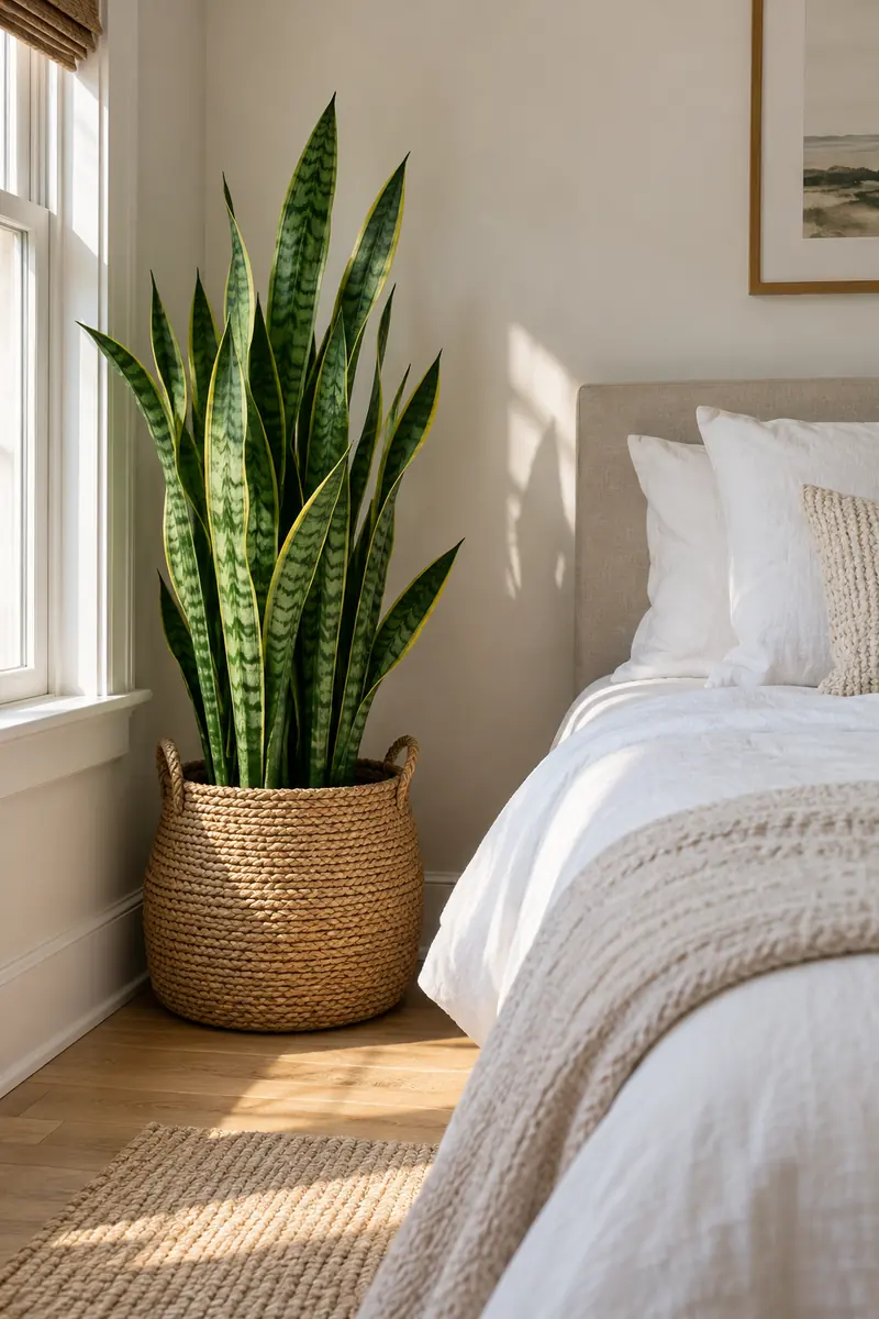 20 Bedroom Plant Décor Ideas That Instantly Refresh Your Room 1 A tall snake plant in a woven seagrass basket standing in an empty bedroom corner, with soft morning light and white bedding behind it.