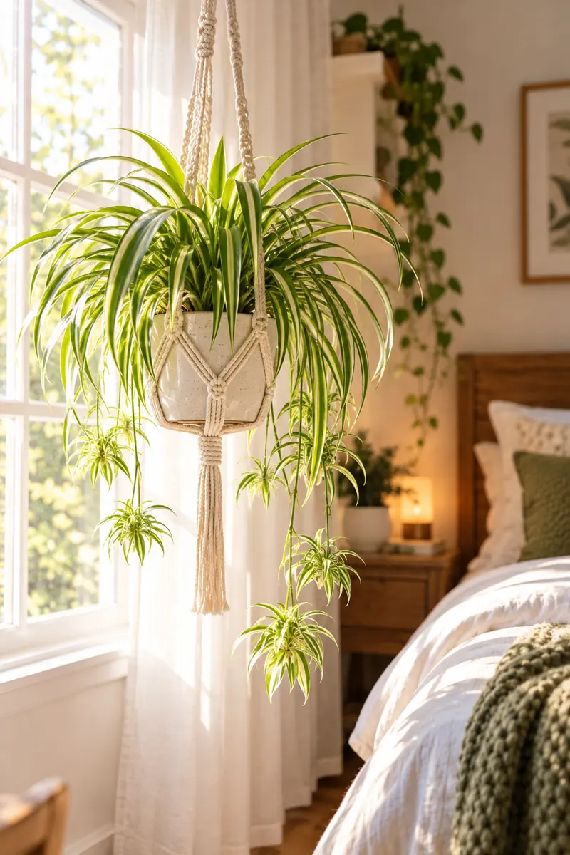 20 Bedroom Plant Décor Ideas That Instantly Refresh Your Room 5 A spider plant in a macrame hanger in front of a bright bedroom window with sheer curtains, in soft morning light.
