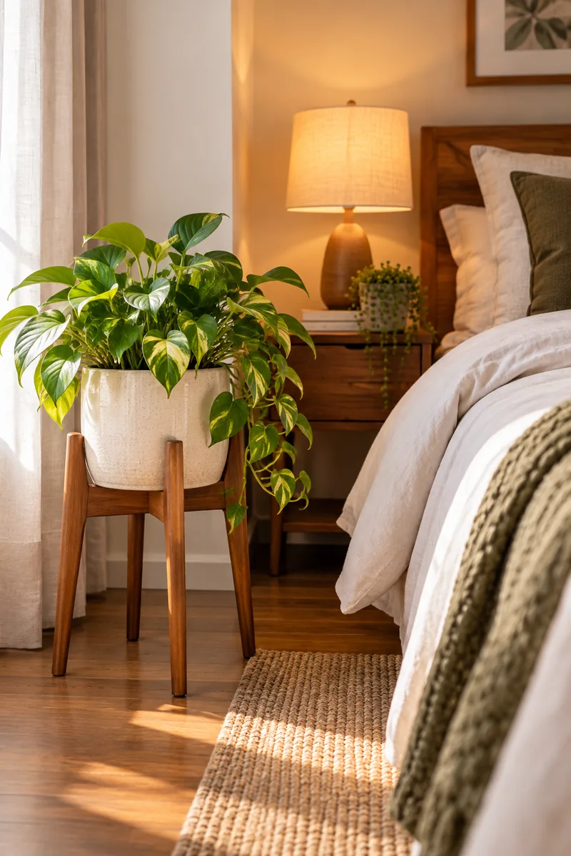 20 Bedroom Plant Décor Ideas That Instantly Refresh Your Room 3 A small leafy green plant on a mid-century wooden plant stand beside a bed, with warm bedroom lighting and neutral linen bedding.