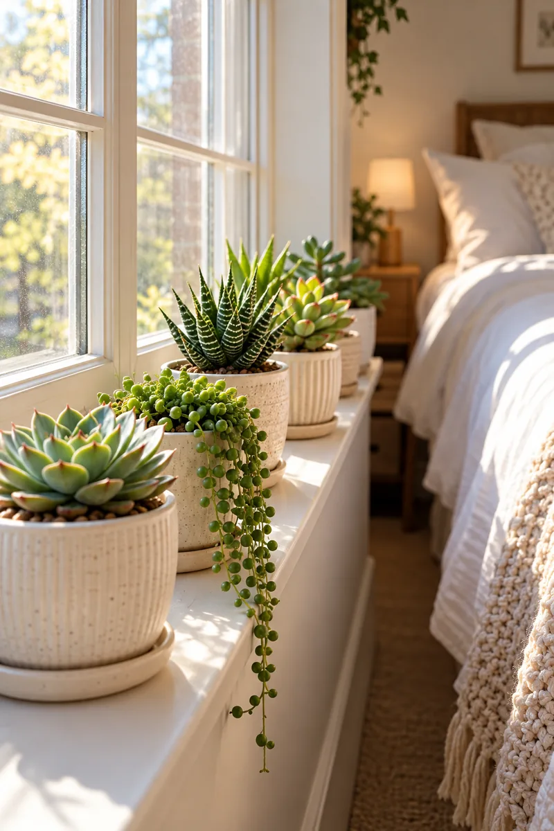 20 Bedroom Plant Décor Ideas That Instantly Refresh Your Room 2 A bright bedroom windowsill lined with small succulents in matching cream ceramic pots, with soft daylight streaming in.