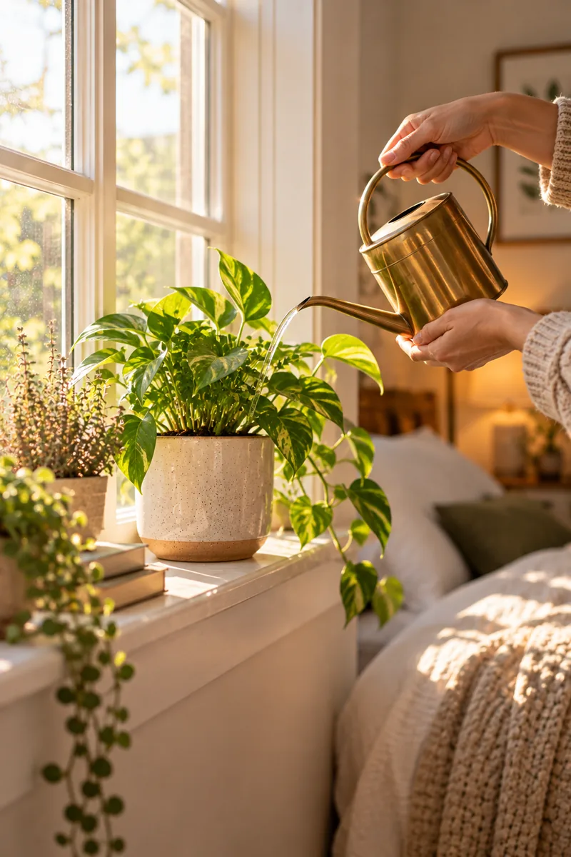 20 Bedroom Plant Décor Ideas That Instantly Refresh Your Room 10 Hands watering a small potted plant with a brass watering can on a bedroom windowsill, in soft morning light.