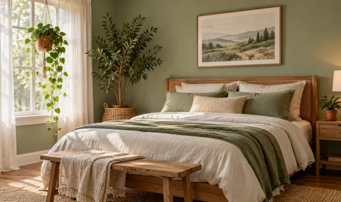 A calm green bedroom with styled, not cluttered, plants: one tall floor plant in a woven basket in the corner, a single small plant on...