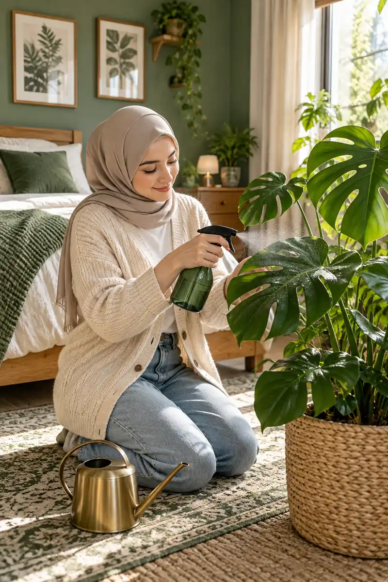 A modestly dressed young woman in a beige cardigan and jeans misting the leaves of a monstera with a spray bottle, watering can on the...
